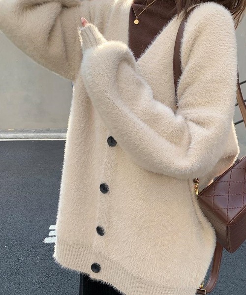 cammie(キャミー)の「シャギヤーンロングカーディガン(ニット/セーター・レディース・ブラック/アイボリー/グレー・F)」の6枚目の写真