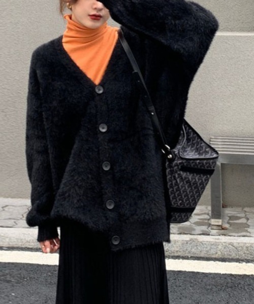 cammie(キャミー)の「シャギヤーンロングカーディガン(ニット/セーター・レディース・ブラック/アイボリー/グレー・F)」の9枚目の写真