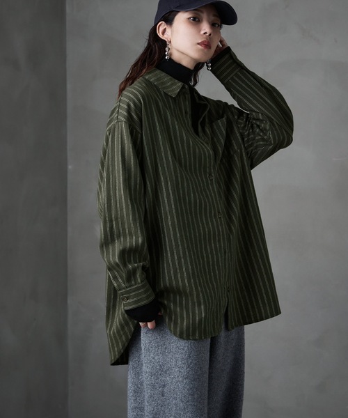 etoll.(エトル)の「ストライプコットンオーバーシャツ(シャツ/ブラウス・レディース・ブラック/ベージュ/カーキ・M)」の12枚目の写真