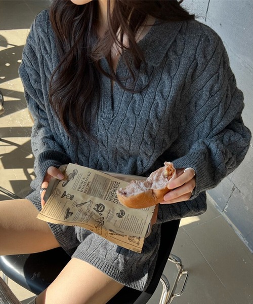 DAY CLOSET(デイ クローゼット)の「【セットアップ】長袖ケーブル編みスキッパーニットトップス+リブショートパンツ 上下2点セット レディース(ニット/セーター・レディース・ホワイト/グレー/ブラック・FREE)」の9枚目の写真