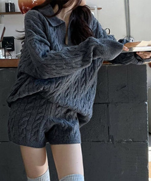 DAY CLOSET(デイ クローゼット)の「【セットアップ】長袖ケーブル編みスキッパーニットトップス+リブショートパンツ 上下2点セット レディース(ニット/セーター・レディース・ホワイト/グレー/ブラック・FREE)」の10枚目の写真