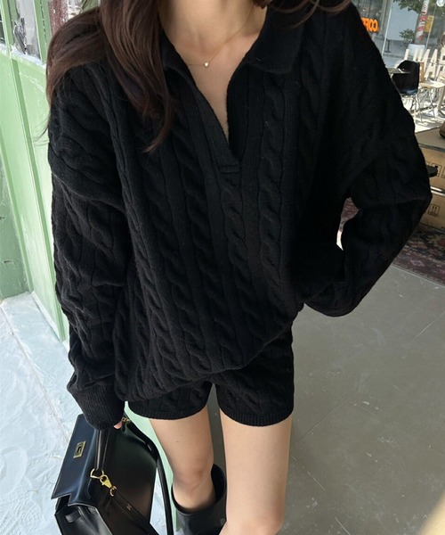 DAY CLOSET(デイ クローゼット)の「【セットアップ】長袖ケーブル編みスキッパーニットトップス+リブショートパンツ 上下2点セット レディース(ニット/セーター・レディース・ホワイト/グレー/ブラック・FREE)」の7枚目の写真