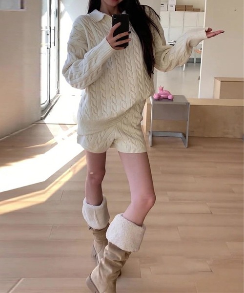 DAY CLOSET(デイ クローゼット)の「【セットアップ】長袖ケーブル編みスキッパーニットトップス+リブショートパンツ 上下2点セット レディース(ニット/セーター・レディース・ホワイト/グレー/ブラック・FREE)」の6枚目の写真