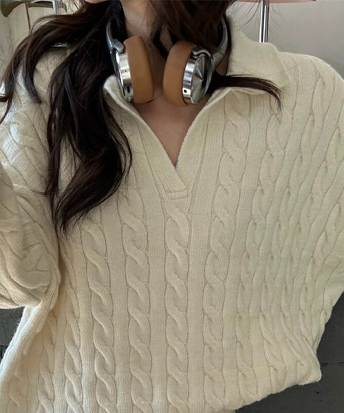 DAY CLOSET(デイ クローゼット)の「【セットアップ】長袖ケーブル編みスキッパーニットトップス+リブショートパンツ 上下2点セット レディース(ニット/セーター・レディース・ホワイト/グレー/ブラック・FREE)」の14枚目の写真
