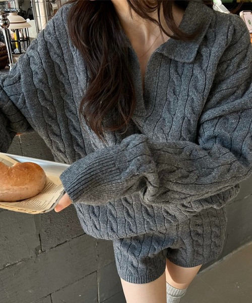 DAY CLOSET(デイ クローゼット)の「【セットアップ】長袖ケーブル編みスキッパーニットトップス+リブショートパンツ 上下2点セット レディース(ニット/セーター・レディース・ホワイト/グレー/ブラック・FREE)」の15枚目の写真