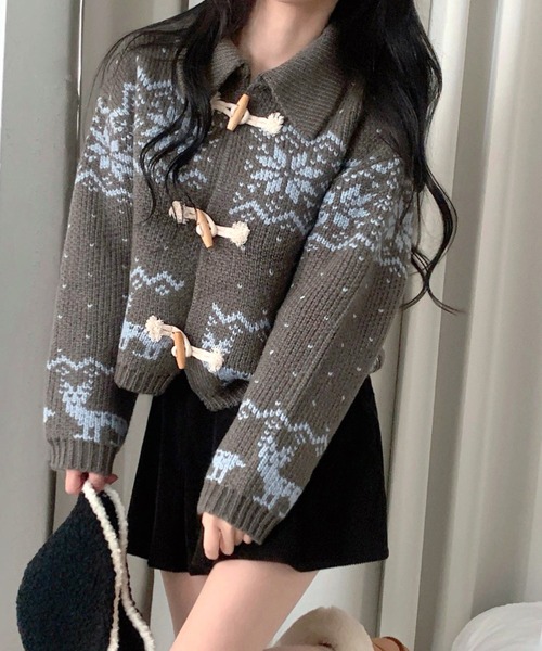 セール】トグルボタンノルディック柄襟付きニットカーディガン