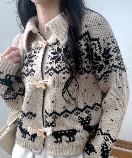 セール】トグルボタンノルディック柄襟付きニットカーディガン