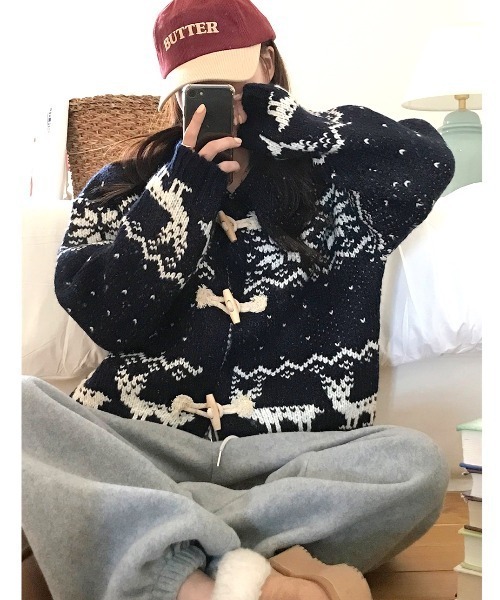 セール】トグルボタンノルディック柄襟付きニットカーディガン