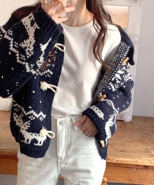 セール】トグルボタンノルディック柄襟付きニットカーディガン