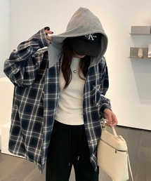 フード付きチェックシャツ