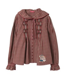 ピンクハウス フード付き 長袖ブラウス テディベア チェック 赤系 フリーサイズ セール】 オリジナルチェックフードブラウス （シャツ・ブラウス