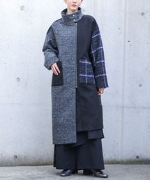 異素材切替スタンドロングコート