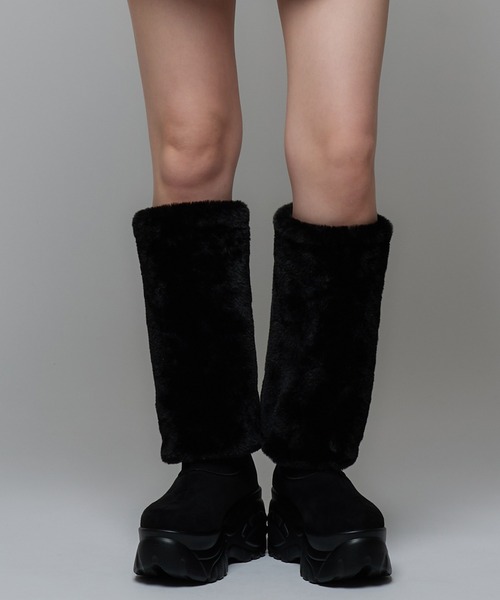 黒 レザー ファー付きブーツ セール】【撥水加工】リアルレザー 厚底トラックソールロングブーツ