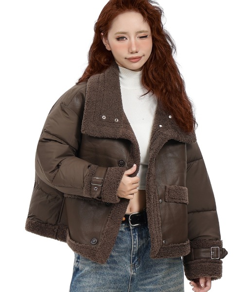 セール】【25秋冬新作】ボア切替中綿ジャケット／フェイクレザー×ふわ