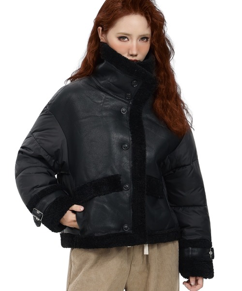 美品ダーマコレクション　ボア　ハイブリッドダウン　レザー　黒　異素材切り替え 美品 希少 ダーマコレクション ボア ハイブリッドダウン レザー 黒