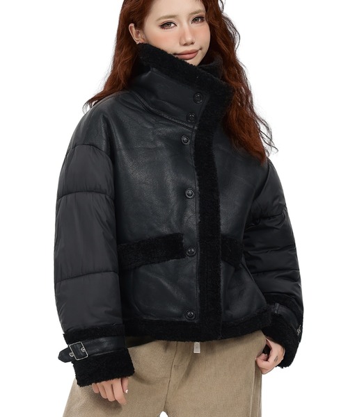 セール】【25秋冬新作】ボア切替中綿ジャケット／フェイクレザー×ふわ