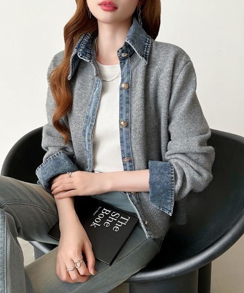 セール】デニムドッキングニットカーディガン デニム ドッキング