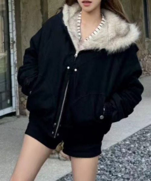 おしゃれスタ（オシャレスタ）の「ファーフーディーブルゾン（ブルゾン・レディース・ブラック/グレー・XL/M/L/S）」の8枚目の写真