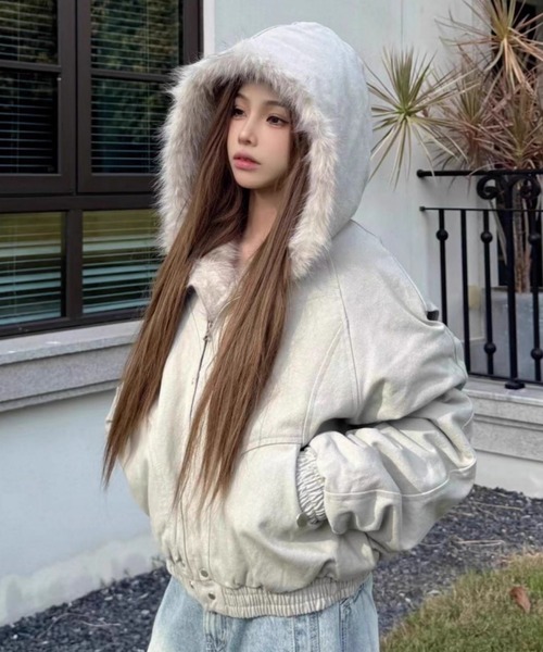 おしゃれスタ（オシャレスタ）の「ファーフーディーブルゾン（ブルゾン・レディース・ブラック/グレー・XL/M/L/S）」の6枚目の写真