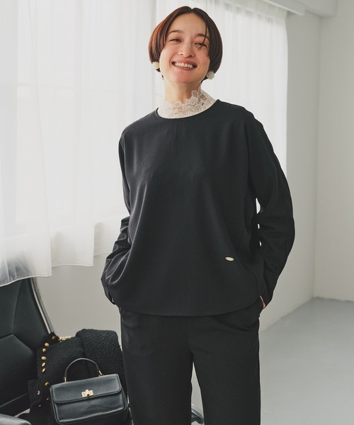 PUAL CE CIN（ピュアルセシン）の「【セットアップ対応】ハンド風ステッチストレッチジョーゼットプルオーバーブラウス（シャツ/ブラウス・レディース・ブラック/アイボリー・FREE）」の2枚目の写真