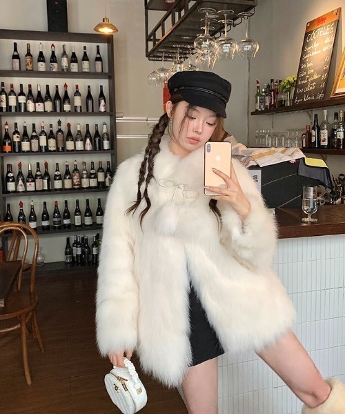 セール】リボン付きフェイクファーフレアジャケット（ブルゾン