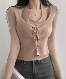 VIVID LADY（ビビッドレディー）の「レースアップ ホルターネック レイヤード風ニットプルオーバー（ニット/セーター）」