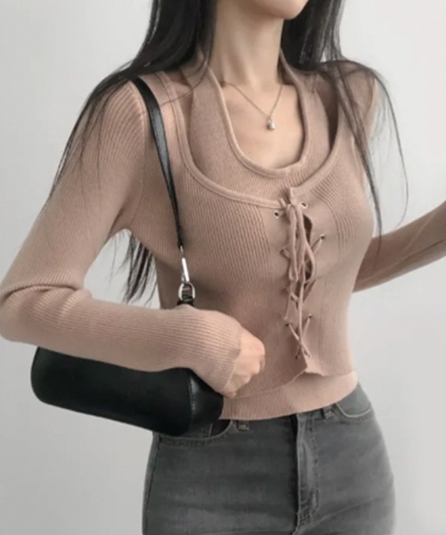 VIVID LADY(ビビッドレディー)の「レースアップ ホルターネック レイヤード風ニットプルオーバー(ニット/セーター・レディース・ブラック/チャコールグレー/ベージュ・FREE)」の6枚目の写真