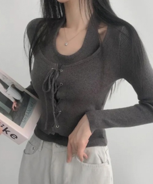 VIVID LADY(ビビッドレディー)の「レースアップ ホルターネック レイヤード風ニットプルオーバー(ニット/セーター・レディース・ブラック/チャコールグレー/ベージュ・FREE)」の21枚目の写真