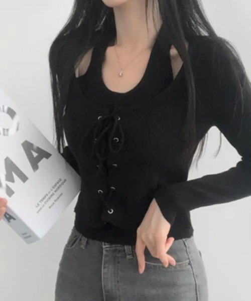 VIVID LADY(ビビッドレディー)の「レースアップ ホルターネック レイヤード風ニットプルオーバー(ニット/セーター・レディース・ブラック/チャコールグレー/ベージュ・FREE)」の12枚目の写真