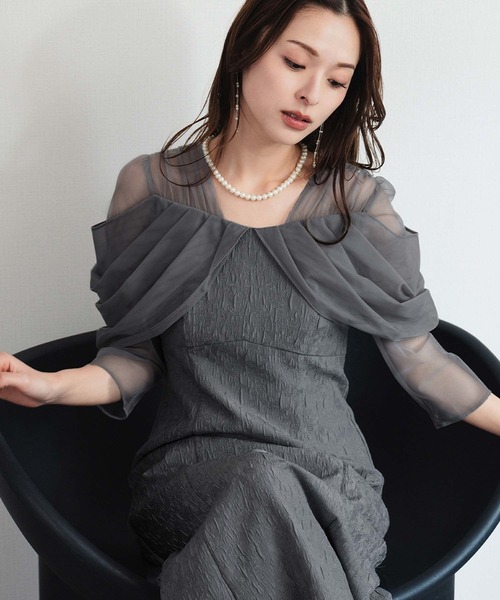 girl（ガール）の「チュールドレープジャガードドレス 結婚式 ワンピース パーティードレス オケージョンドレス お呼ばれ 二次会 成人式 同窓会 謝恩会《着用動画あり》（ドレス・レディース・ベージュ×ブラック/グリーン/グレー/チャコールグレー・S/M/L）」の17枚目の写真