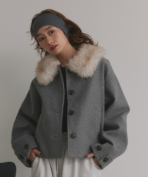 ad thie(アドティエ)の「ファーカラー フェイクウールジャケット(その他アウター・レディース・ベージュ/ブラウン/杢グレー・FREE)」の2枚目の写真