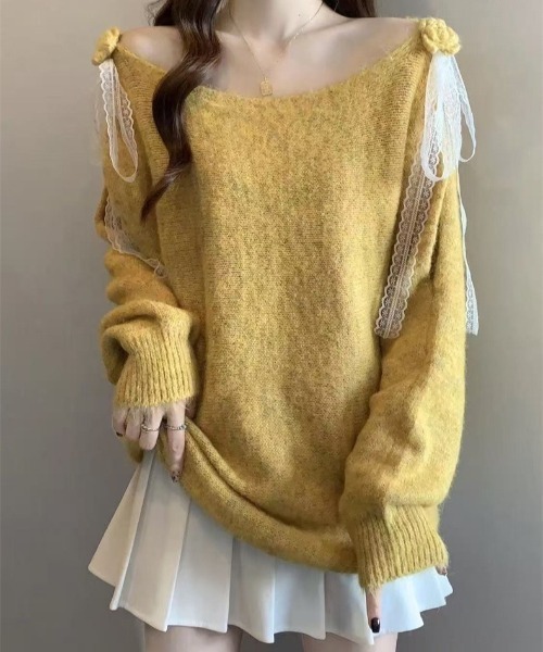 gossip!ロサンゼルス(ゴシップロサンゼルス)の「【26春新作】ショルダーレースカットアウト ゆったりニットプルオーバー【韓国ファッションガーリー】(ニット/セーター・レディース・オフホワイト/グレー・FREE)」の8枚目の写真