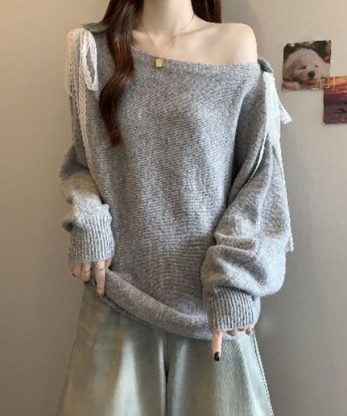 gossip!ロサンゼルス(ゴシップロサンゼルス)の「【26春新作】ショルダーレースカットアウト ゆったりニットプルオーバー【韓国ファッションガーリー】(ニット/セーター・レディース・オフホワイト/グレー・FREE)」の15枚目の写真
