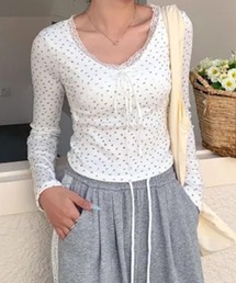 カップ付き リボンレース 小花モチーフVネック ロングスリーブ