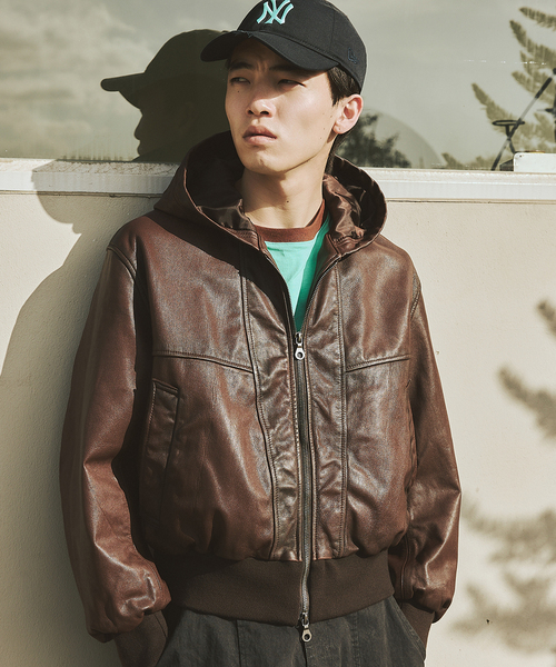 ゴート レザー エイジング ジップ フーディ ブルゾン（ライダース