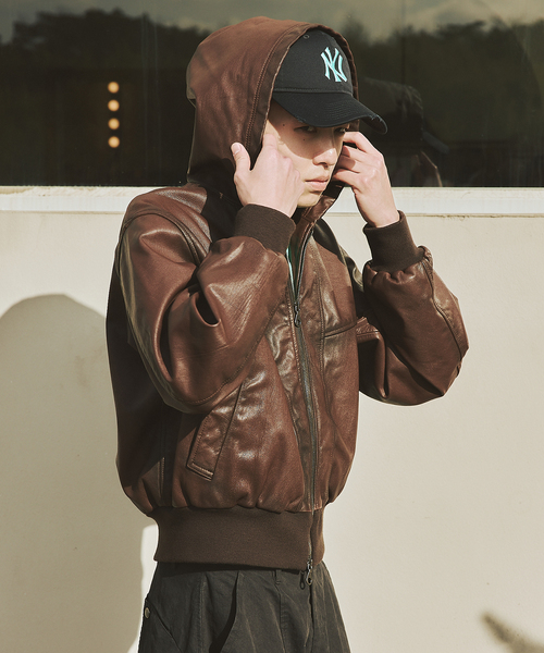 ゴート レザー エイジング ジップ フーディ ブルゾン（ライダース