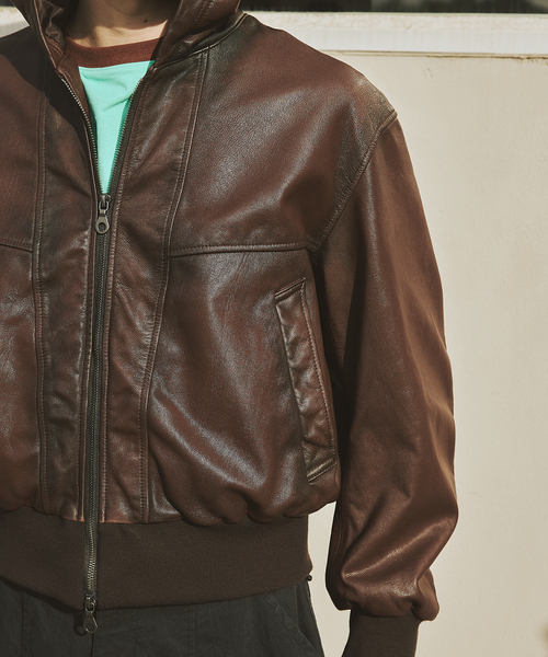 ゴート レザー エイジング ジップ フーディ ブルゾン（ライダース