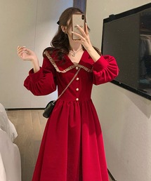 襟付き フロントボタン Aラインワンピース