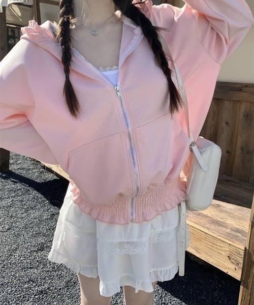 VIBGYOR（ヴィブジョー）の「【LAMPOON】フリルジップパーカー（パーカー・レディース・ピンク/グレー・MEDIUM/SMALL/LARGE）」の4枚目の写真