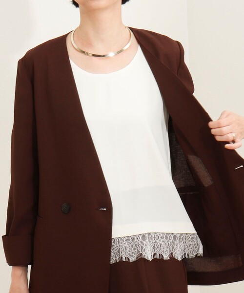 MICO COULIER（ミコクリエ）の「サテン×スムース裾レースタンクトップ（Tシャツ/カットソー・レディース・オフホワイト/ブラウン/チャコールグレー・38）」の6枚目の写真