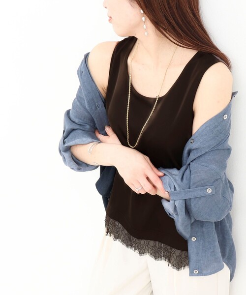 MICO COULIER（ミコクリエ）の「サテン×スムース裾レースタンクトップ（Tシャツ/カットソー・レディース・オフホワイト/ブラウン/チャコールグレー・38）」の14枚目の写真