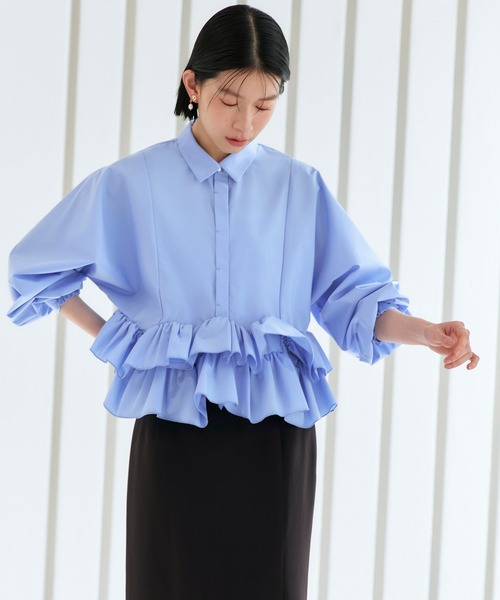 RUIRUE BOUTIQUE（ルイルエブティック）の「洗える ｜ ダブル フリル クロップド ドルマン シャツ ｜ トップス・クロップドシャツ・シャツ・長袖ブラウス・きれいめブラウス・オフィスカジュアルブラウス・フリルブラウス（シャツ/ブラウス・レディース・ライトイエロー/ブルー/ホワイト/ピンク・M/L）」の7枚目の写真