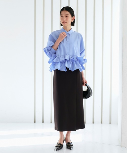 RUIRUE BOUTIQUE（ルイルエブティック）の「洗える ｜ ダブル フリル クロップド ドルマン シャツ ｜ トップス・クロップドシャツ・シャツ・長袖ブラウス・きれいめブラウス・オフィスカジュアルブラウス・フリルブラウス（シャツ/ブラウス・レディース・ライトイエロー/ブルー/ホワイト/ピンク・M/L）」の8枚目の写真