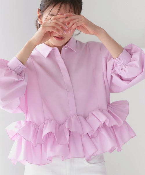 RUIRUE BOUTIQUE（ルイルエブティック）の「洗える ｜ ダブル フリル クロップド ドルマン シャツ ｜ トップス・クロップドシャツ・シャツ・長袖ブラウス・きれいめブラウス・オフィスカジュアルブラウス・フリルブラウス（シャツ/ブラウス・レディース・ライトイエロー/ブルー/ホワイト/ピンク・M/L）」の11枚目の写真