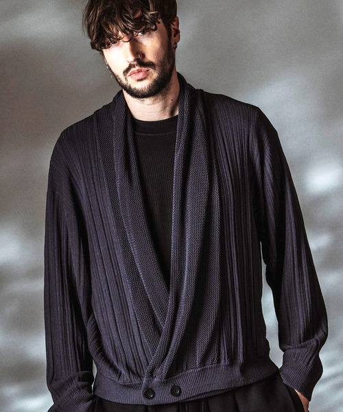 NO ID.(ノーアイディ)の「【NO ID.】Shawl Collar Knit Wrap Cardigan / ショールカラーニットラップカーディガン(カーディガン/ボレロ・メンズ・ブラック/グレー・ONE SIZE)」の1枚目の写真