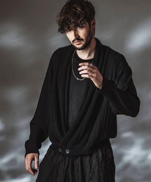 NO ID.(ノーアイディ)の「【NO ID.】Shawl Collar Knit Wrap Cardigan / ショールカラーニットラップカーディガン(カーディガン/ボレロ・メンズ・ブラック/グレー・ONE SIZE)」の9枚目の写真