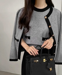 COCOMOMO（ココモモ）の「オンオフ対応 アンサンブルサマーニット 配色 アンサンブル カーディガン 半袖 ニット トップス セット サマーニット 金ボタン 長袖 オフィスカジュアル（アンサンブル）」