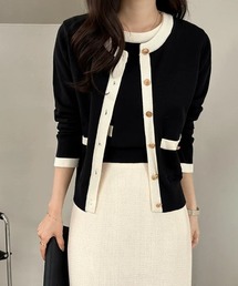 COCOMOMO（ココモモ）の「オンオフ対応 アンサンブルサマーニット 配色 アンサンブル カーディガン 半袖 ニット トップス セット サマーニット 金ボタン 長袖 オフィスカジュアル（アンサンブル）」