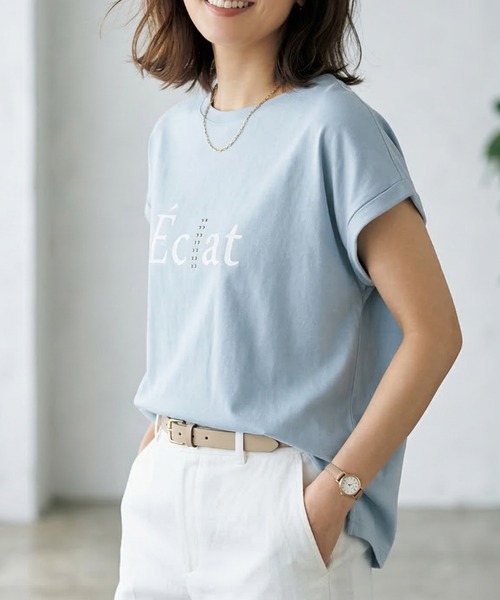 Belta attrice(ベルタアトリーチェ)の「【人気の!】Eclatロゴ フレンチスリーブTシャツ レディース バックタック カットソー上品 半袖トップス(Tシャツ/カットソー・レディース・ブラック/ライトパープル/ホワイト/サックスブルー・FREE)」の3枚目の写真