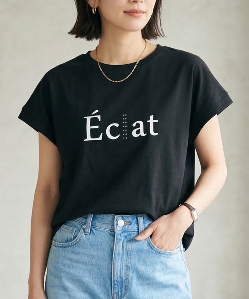 Belta attrice(ベルタアトリーチェ)の「【人気の!】Eclatロゴ フレンチスリーブTシャツ レディース バックタック カットソー上品 半袖トップス(Tシャツ/カットソー・レディース・ブラック/ライトパープル/ホワイト/サックスブルー・FREE)」の1枚目の写真